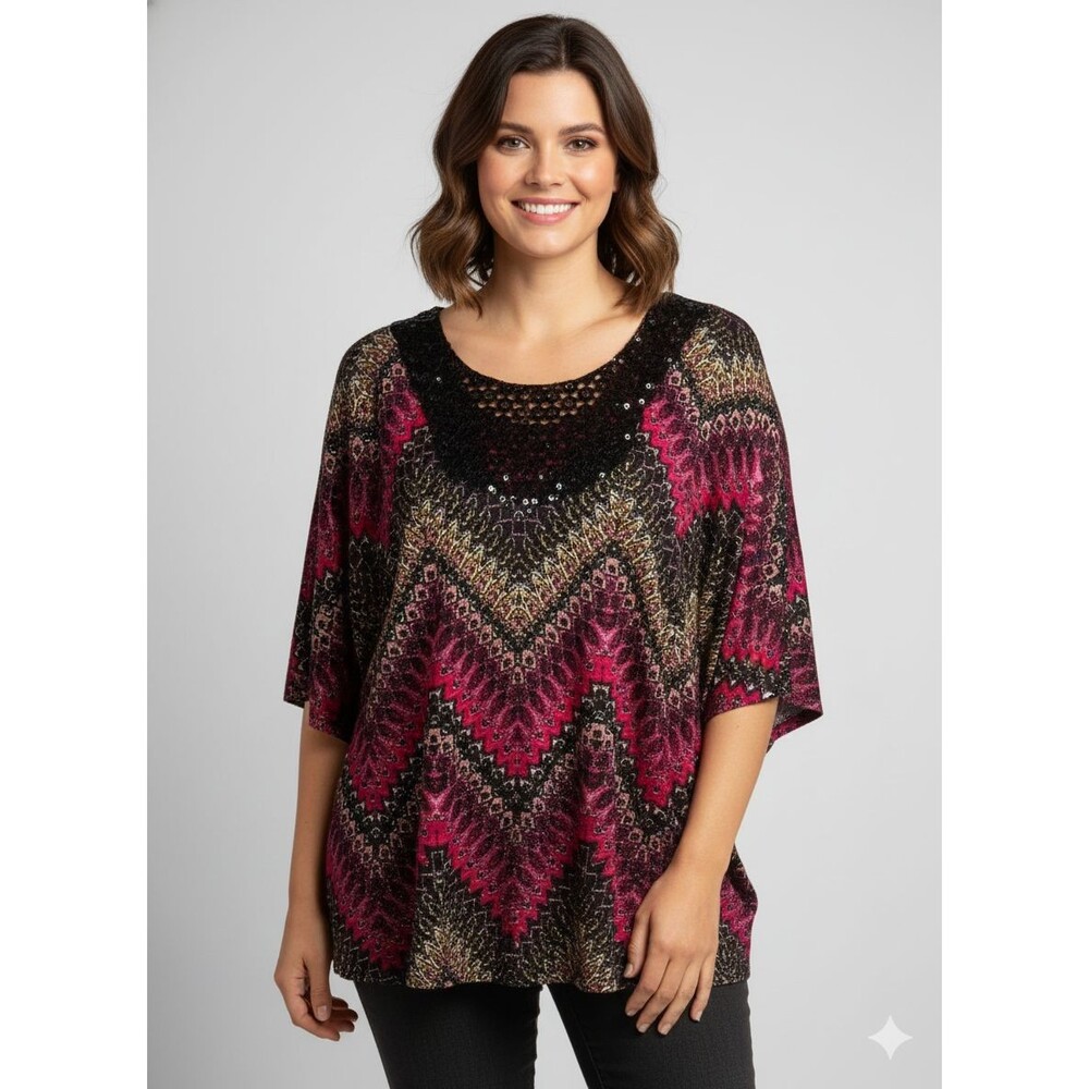 NEW Lavish Plus Size 1X Tunic Top Black Fuchsia / Gold Orima Print Dolman Sleeve